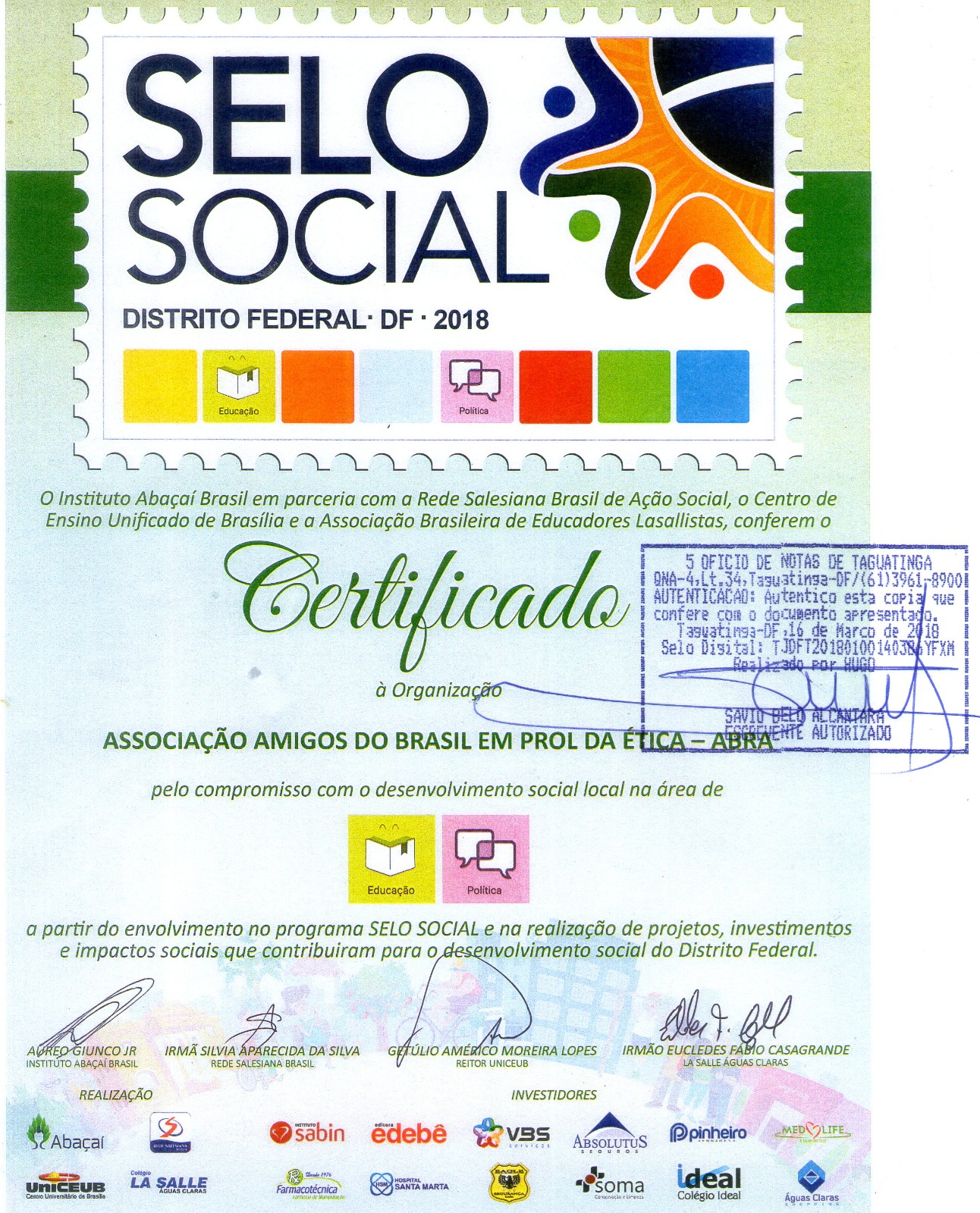 Social Seal DF 2018 Certificate — Education and Politics
